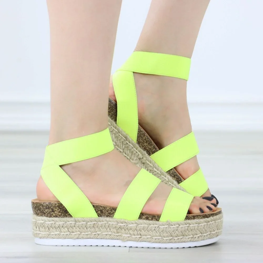 Neon Yellow Elastic Strappy Sandals Espadrille Platform Heel - Picture 1 of 11
